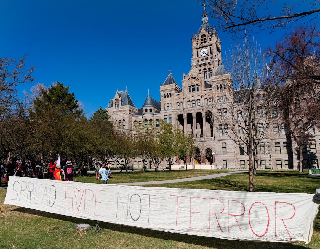 (Rick Egan | The Salt Lake Tribune) Around 100 people gather for a rally demanding an end to the policy of violence and terror inflicted on our unsheltered community at the hands of the Salt Lake County Health Department, Salt Lake City, and Salt Lake City Police Department, at Washington Square, on Friday, April 2, 2021.