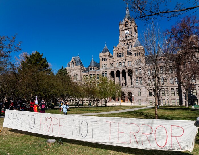 (Rick Egan | The Salt Lake Tribune) Around 100 people gather for a rally demanding an end to the policy of violence and terror inflicted on our unsheltered community at the hands of the Salt Lake County Health Department, Salt Lake City, and Salt Lake City Police Department, at Washington Square, on Friday, April 2, 2021.