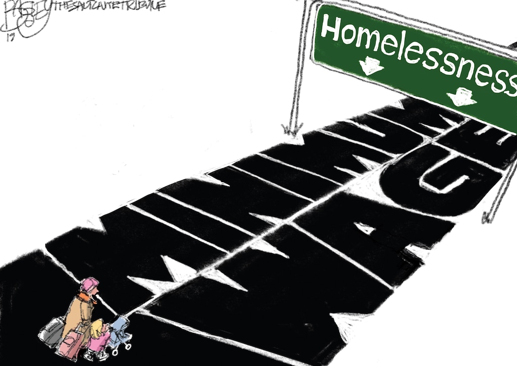 (Pat Bagley | The Salt Lake Tribune) This cartoon, titled "The Road to Homelessness," appears in The Salt Lake Tribune on Sunday, Nov. 3, 2019.