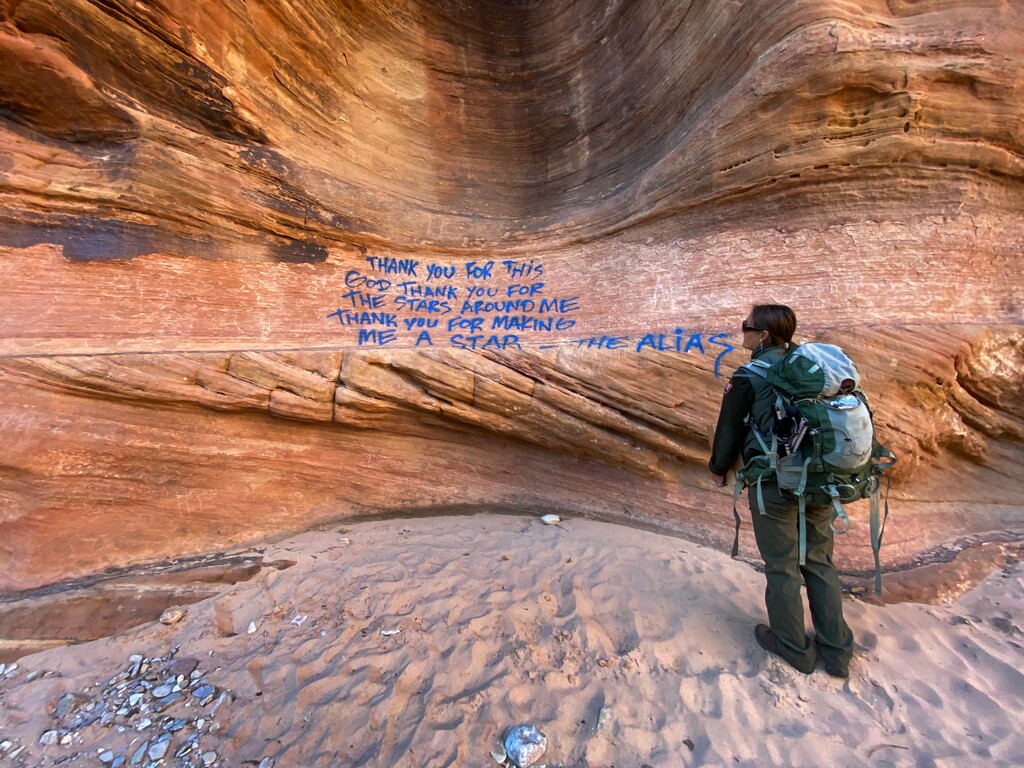 (Photo courtesy of the National Park Service) A ranger looks at a sandstone wall with blue spray paint graffiti at Zion National Park. In 2020, the park saw an uptick in graffiti, forcing park leaders to make a plea on social media for visitors to not leave their ÒmarkÓ and to report any information about those whoÕve damaged park resources and facilities.