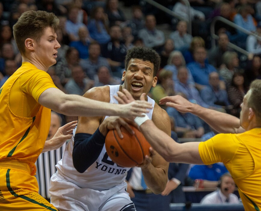 (Rick Egan  |  The Salt Lake Tribune)      Brigham Young Cougars forward Yoeli Childs (23) is doubled teamed by the San Francisco Dons, in WCC basketball action at the Marriott Center, Thursday, February 21, 2018.