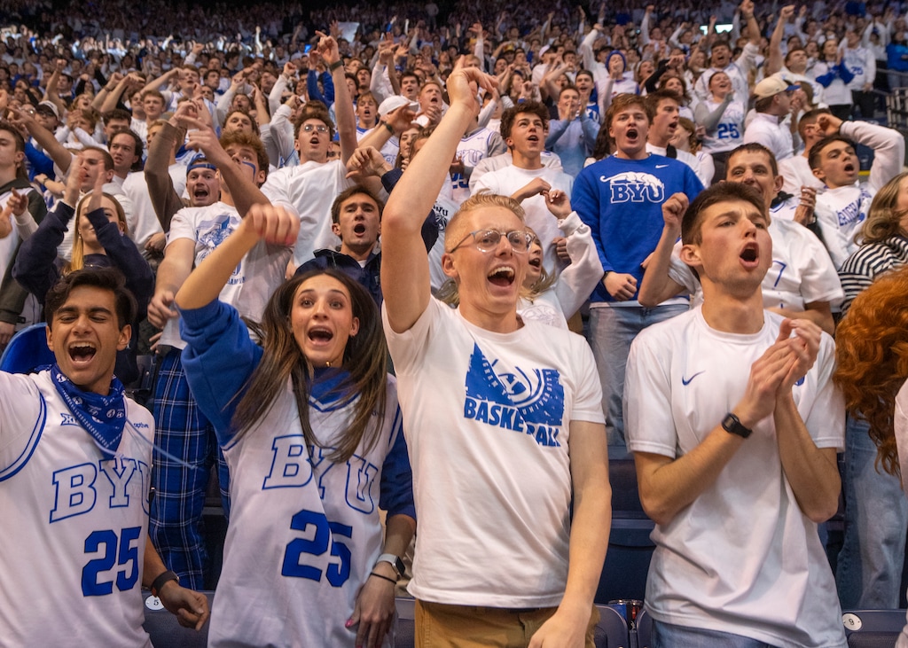 (Rick Egan | The Salt Lake Tribune) BYU students cheer at a game in January. A Cougar fan site is suggesting "creative" penalties for opposing students who participate in vulgar anti-Latter-day Saint chants when BYU plays on the road.