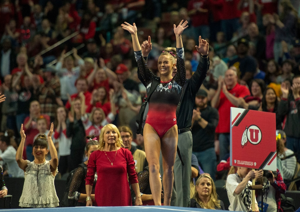 (Rick Egan  |  The Salt Lake Tribune)    MyKayla Skinner waves to the crowd after scoring a 10 on the floor exercise, in the PAC-12 Gymnastics Championships at the Maverik Center, Saturday, March 23, 2019.