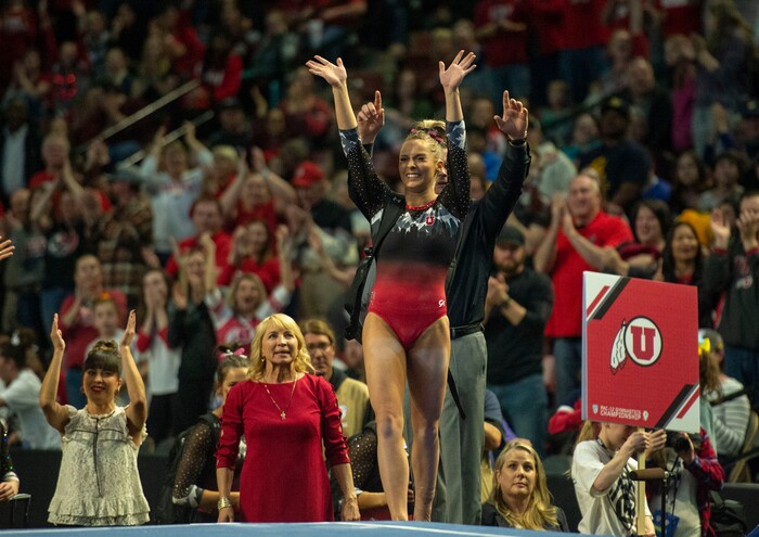 (Rick Egan  |  The Salt Lake Tribune)    MyKayla Skinner waves to the crowd after scoring a 10 on the floor exercise, in the PAC-12 Gymnastics Championships at the Maverik Center, Saturday, March 23, 2019.


