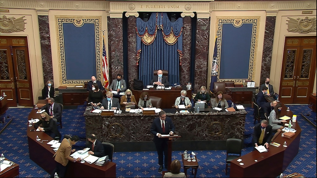 In this image from video, Bruce Castor, an attorney for former President Donald Trump, speaks during the second impeachment trial of Trump in the Senate at the U.S. Capitol in Washington, Friday, Feb. 12, 2021. (Senate Television via AP)