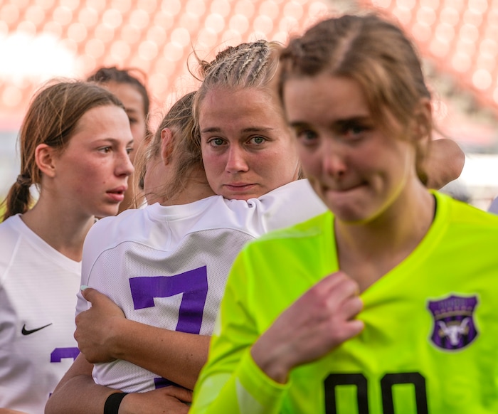 (Leah Hogsten | The Salt Lake Tribune) Lehi reacts to the loss to Skyline during the 5A State Soccer Championship game on Friday. Skyline High School defeated Lehi High School, 3-1 to win the 5A Championship title Oct. 22, 2021 at Rio Tinto Stadium.