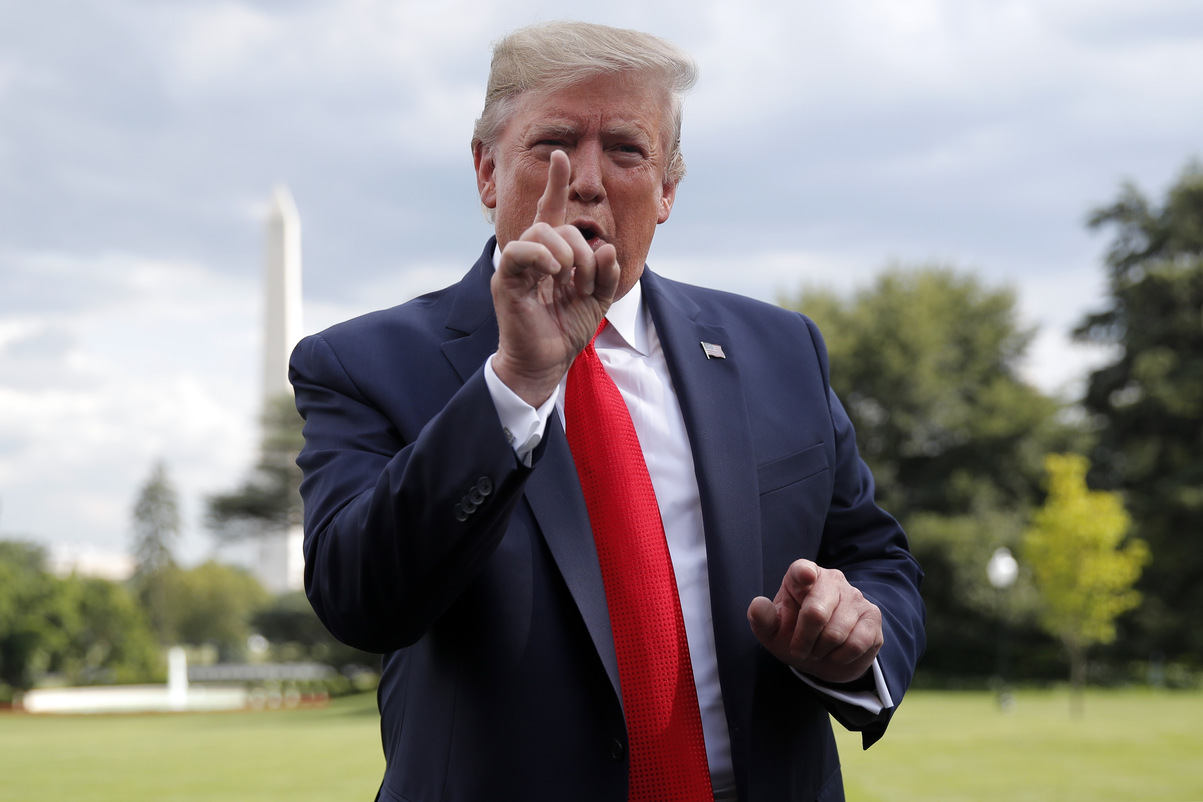(Carolyn Kaster | AP Photo) President Donald Trump speaks to members of the media at the White House in Washington, Wednesday, July 24, 2019, as he departs for a short trip to Andrews Air Force Base, Md., and onto Wheeling, W.Va., for a fundraiser.