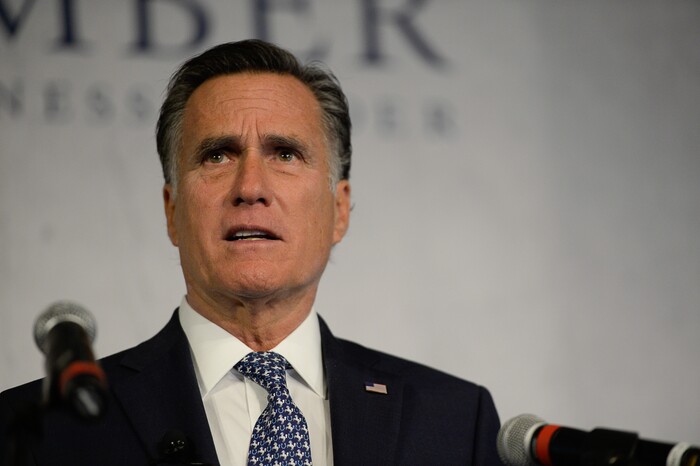 (Francisco Kjolseth  |  The Salt Lake Tribune)  Mitt Romney speaks at the Utah Economic Outlook & Policy Summit 2018, hosted by the Salt Lake Chamber at the Salt Lake City Marriott Downtown at City Creek on Tuesday, Jan. 16, 2018. 