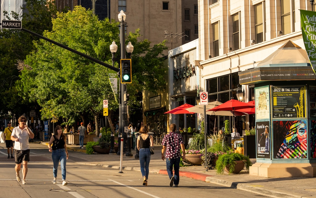 (Rick Egan | The Salt Lake Tribune)  Pedestrians stroll in the open streets portion of Main Street, on  Saturday, Aug. 13, 2022.