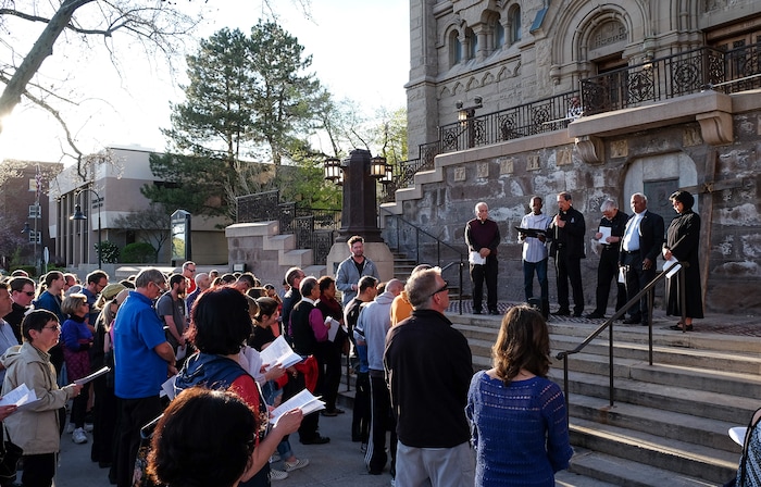 (Francisco Kjolseth  |  The Salt Lake Tribune)  Christians gather on the steps of the Cathedral of the Madeleine before marching through streets of Salt Lake City on Good Friday to symbolically mark Jesus' carrying the cross to his crucifixion.