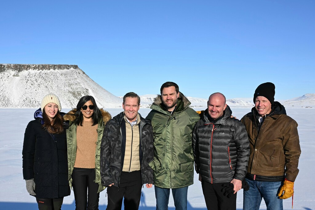 (Jim Watson | Pool) From left: former homeland security adviser Julia Nesheiwat; second lady Usha Vance; White House national security adviser Mike Waltz; Vice President JD Vance; Sen. Mike Lee, R-Utah; and Secretary of Energy Chris Wright, as they tour the U.S. military's Pituffik Space Base in Greenland, Friday, March 28, 2025.