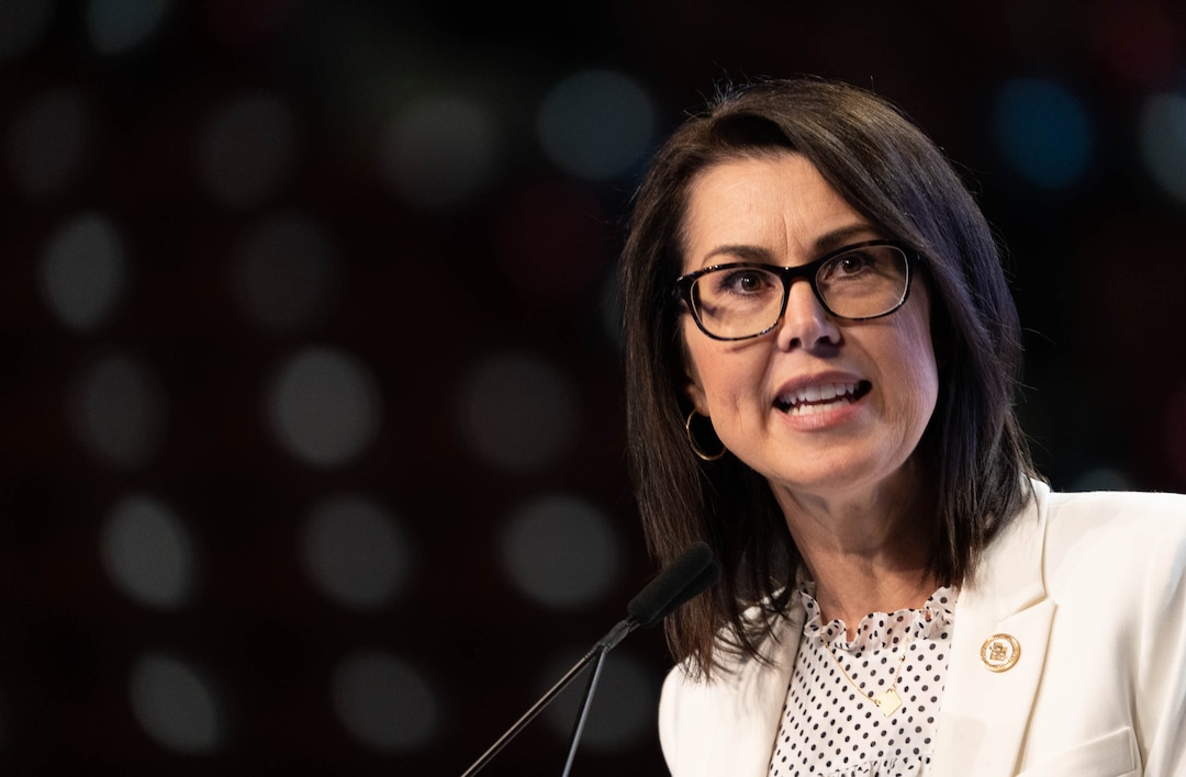 (Francisco Kjolseth | The Salt Lake Tribune) Lt. Gov. Deidre Henderson addresses delegates attending the Utah Republican Party’s 2021 Organizing Convention at the Maverik Center in West Valley City on Saturday, May 1, 2021.