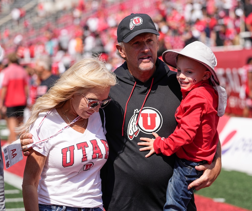 (Leah Hogsten | The Salt Lake Tribune) Utah Utes head coach Kyle Whittingham and his wife Jamie leave the field after the University of Utah defeated Southern Utah University at Rice-Eccles Stadium in Salt Lake City, Sept. 10, 2022. 
