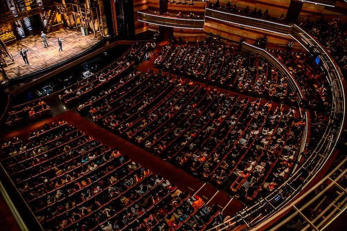 (Trent Nelson | The Salt Lake Tribune) Ivan Padilla, Bailey Beacham and Alton Phonepraseuth of Granger High School perform in the Hamilton Education Project, or EduHam, at the Eccles Theater in Salt Lake City, Friday May 4, 2018.