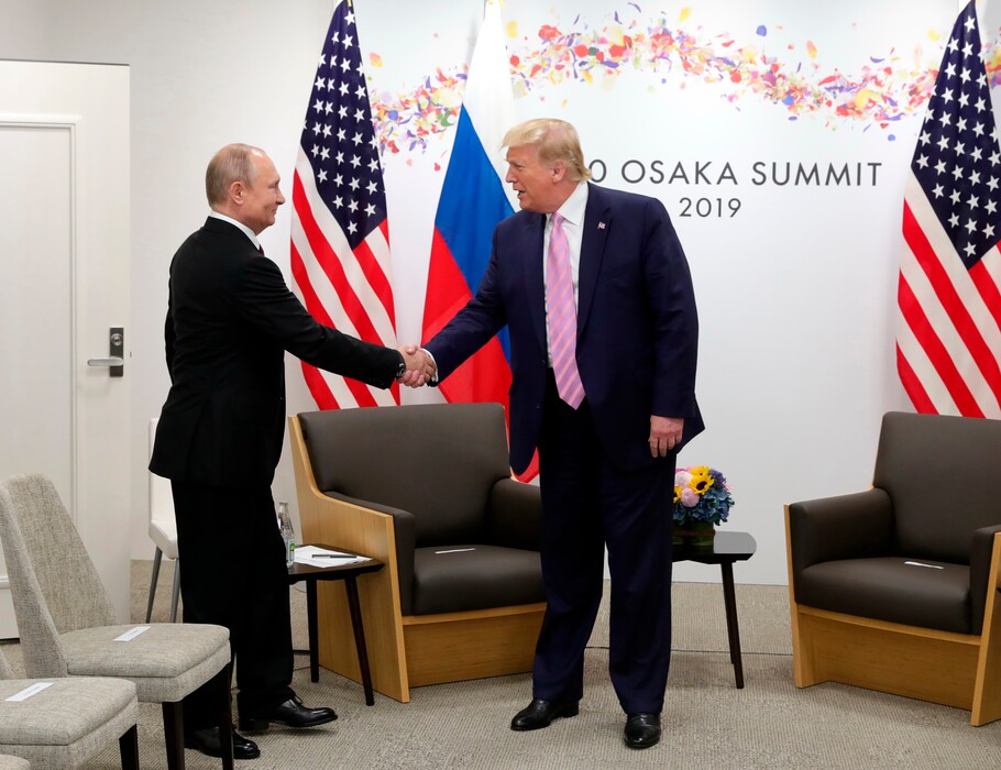 (Mikhail Klimentyev, Sputnik, Kremlin via AP file) U.S. President Donald Trump, right, shakes hands with Russian President Vladimir Putin during a bilateral meeting on the sidelines of the G-20 summit in Osaka, Japan, Friday, June 28, 2019.