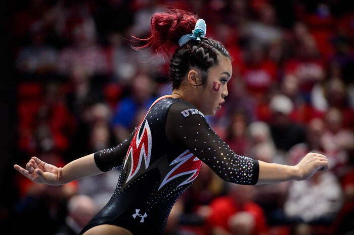 (Trent Nelson | The Salt Lake Tribune)  Kari Lee on floor as Utah hosts Washington, NCAA gymnastics in Salt Lake City, Saturday February 3, 2018.