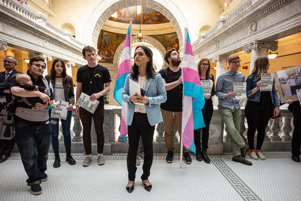 (Trent Nelson | Tribune file photo) Ermiya Fanaeian, with a group of young people protesting in front of the Utah House Chamber at the state Capitol on March 11, 2019, calling on legislators to support a conversion therapy ban and denounce homophobia and transphobia.