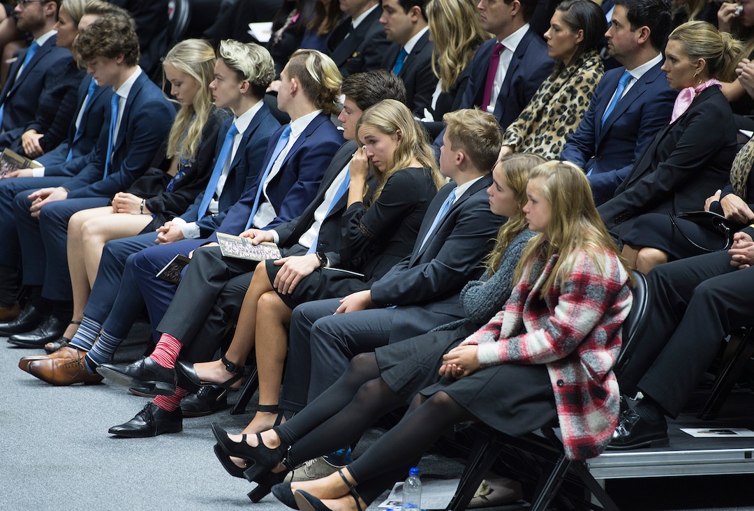 Scott Sommerdorf | The Salt Lake TribuneMembers of the Huntsman family react as they listen to Paul Huntsman speak at the funeral services for Jon M. Huntsman, Sr., Saturday, February, 10, 2018. 