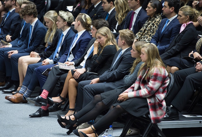 Scott Sommerdorf | The Salt Lake Tribune
Members of the Huntsman family react as they listen to Paul Huntsman speak at the funeral services for Jon M. Huntsman, Sr., Saturday, February, 10, 2018. 

