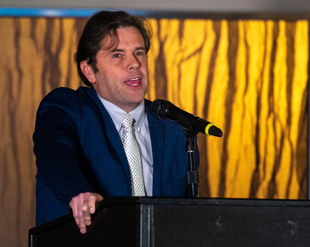 (Rick Egan  |  The Salt Lake Tribune)     Artist Tom Holdman talks about the 7 Pillars project before the unveiling of the first three of  "7 Pillars" windows, during a Roots of Humanity Foundation ceremony, at the 100 Club room at the Vivint Smart Home Arena, Sunday, Aug. 25, 2019.