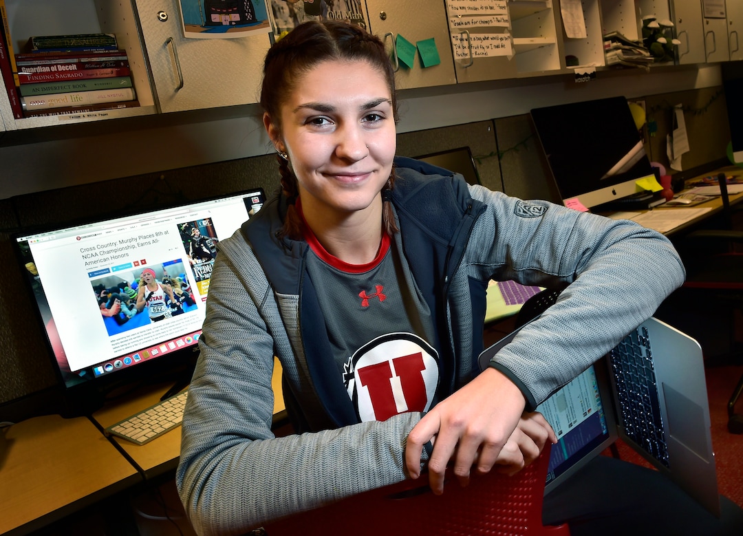 (Scott Sommerdorf   |  The Salt Lake Tribune)   Utah senior star basketball player Emily Potter poses in the newsroom of the Utah Daily Chronicle, Wednesday, November 29, 2017. Potter will leave the U with several school records and a shot at the WNBA. She's also a journalism major and works on the sports staff at the Daily Utah Chronicle as a beat writer.