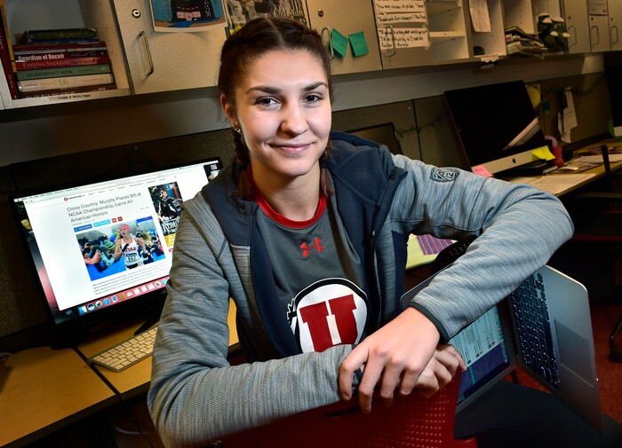 (Scott Sommerdorf   |  The Salt Lake Tribune)   
Utah senior star basketball player Emily Potter poses in the newsroom of the Utah Daily Chronicle, Wednesday, November 29, 2017. Potter will leave the U with several school records and a shot at the WNBA. She's also a journalism major and works on the sports staff at the Daily Utah Chronicle as a beat writer.
