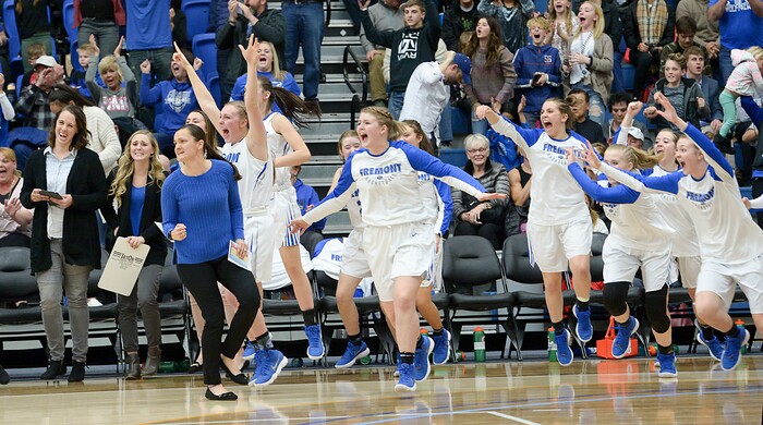 (Leah Hogsten  |  The Salt Lake Tribune) Fremont celebrates the overtime win.  Fremont defeated Westlake 54-50 in their semifinal game of the 6A High School Girls' Basketball Tournament at SLCC in Taylorsville, Friday, Feb. 23, 2018. 