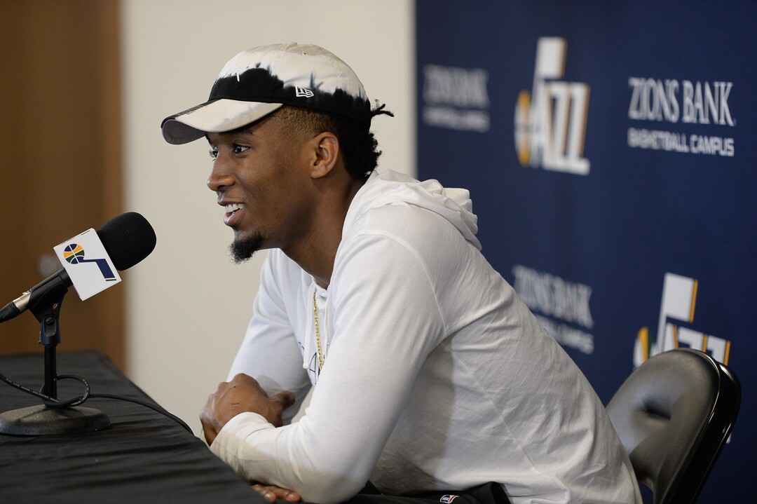 (Francisco Kjolseth  |  The Salt Lake Tribune)  Utah Jazz      guard Donovan Mitchell speaks with the media during exit interviews at their practice facility in Salt Lake City Wed., May 8, 2018, after losing to the Houston Rockets in game 5 of their Western Conference Semifinals during the 2018 NBA Playoffs.