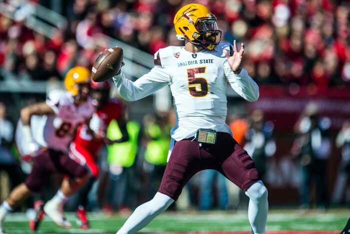 (Chris Detrick  |  The Salt Lake Tribune)  Arizona State Sun Devils quarterback Manny Wilkins (5) throws the ball during the game at Rice-Eccles Stadium Saturday, October 21, 2017. 