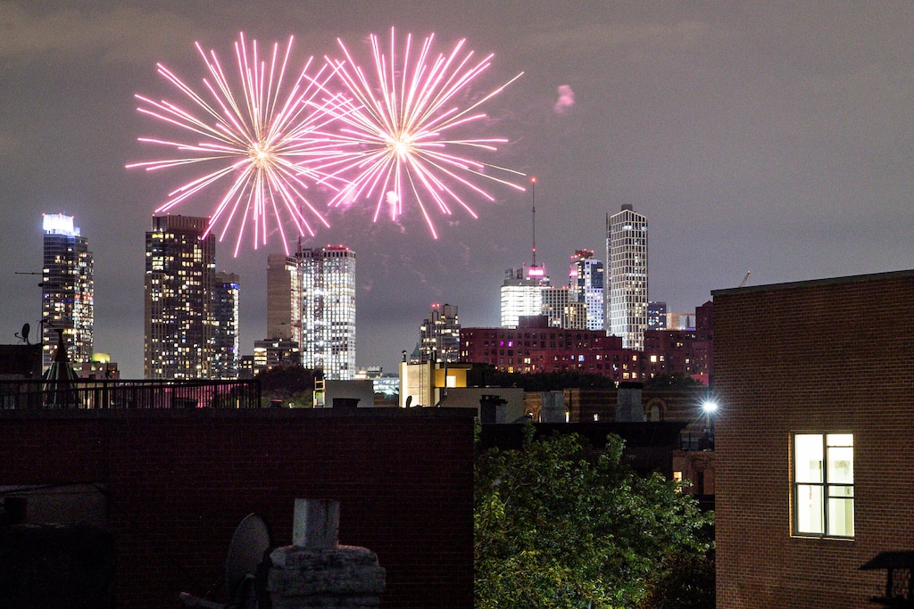 (John Minchillo | AP Photo)

In this June 19 photo, fireworks explode during Juneteenth celebrations above the Bedford-Stuyvesant neighborhood in the Brooklyn borough of New York. The Manhattan skyline is seen in the background. They light up the sky in celebration, best known in the U.S. as a way to highlight Independence Day. This year, fireworks aren't being saved for special events. They've become a nightly nuisance from Connecticut to California, angering sleep-deprived citizens and alarming local officials.