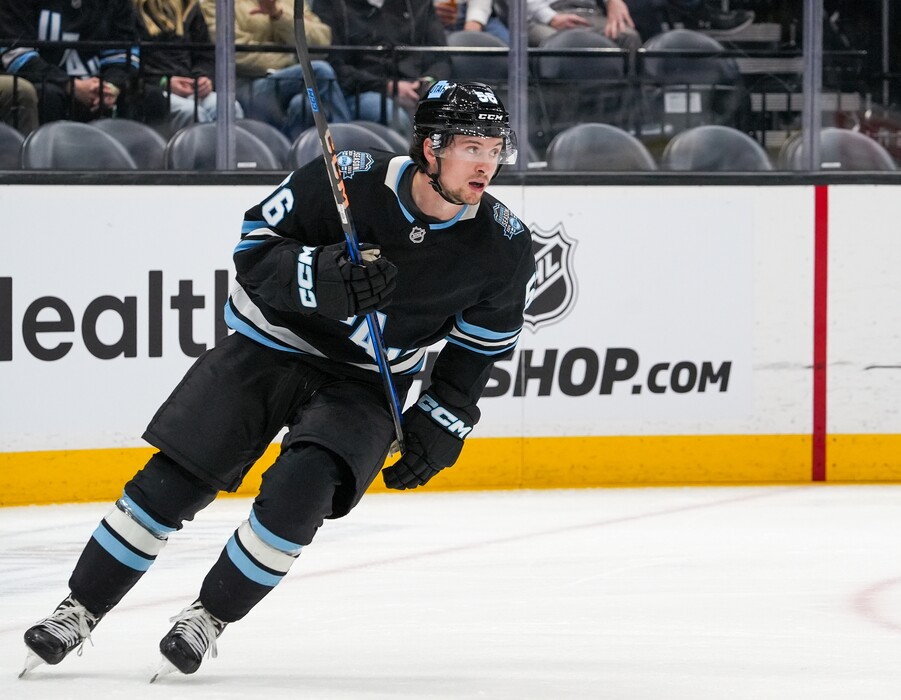 (Chris Samuels | The Salt Lake Tribune) Utah Hockey Club right wing Kailer Yamamoto on the ice versus the Seattle Kraken at the Delta Center in Salt Lake City, Tuesday, April 8, 2025.