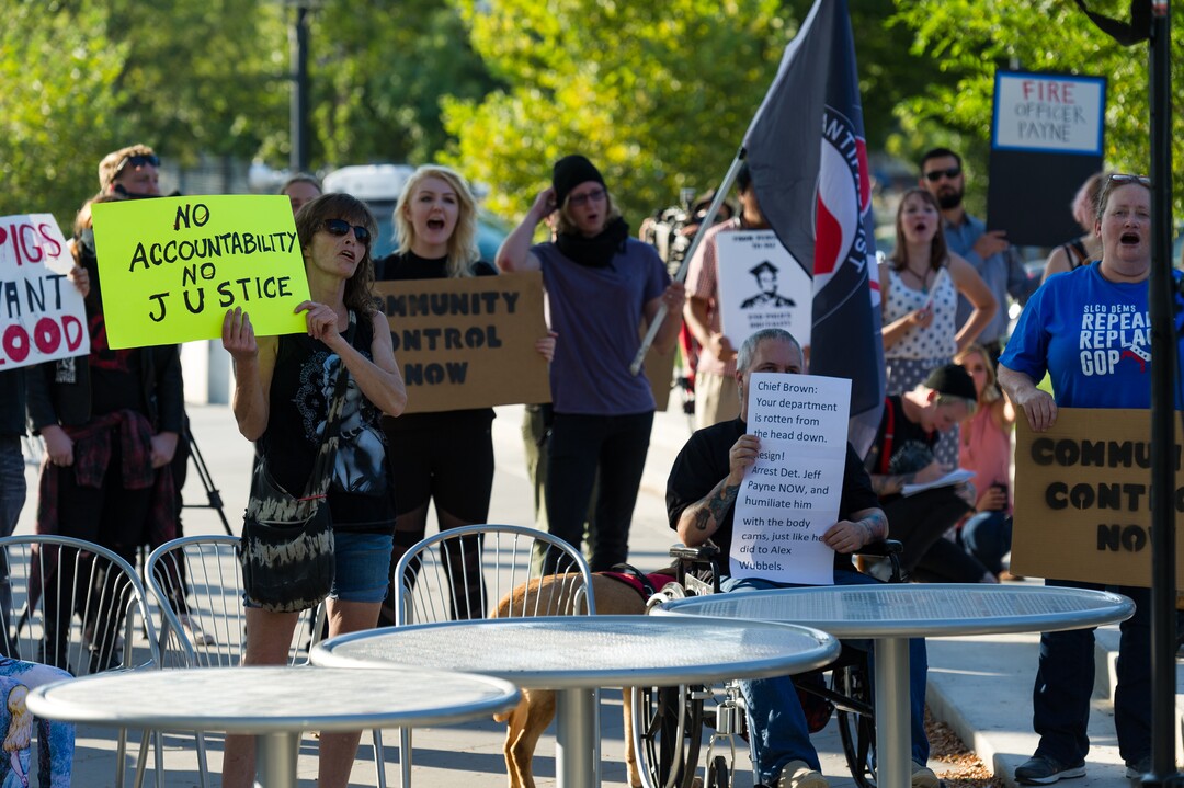 (Alex Gallivan | Special to the Tribune) People protest at an Emergency Rally hosted by Utah Against Police Brutality, in response to the arrest of U of U nurse Alex Wubbels. Wubbels was arrested by SLCPD Detective Jeff Payne after she refused to take blood from an unconscious patient, which is against hospital policy.