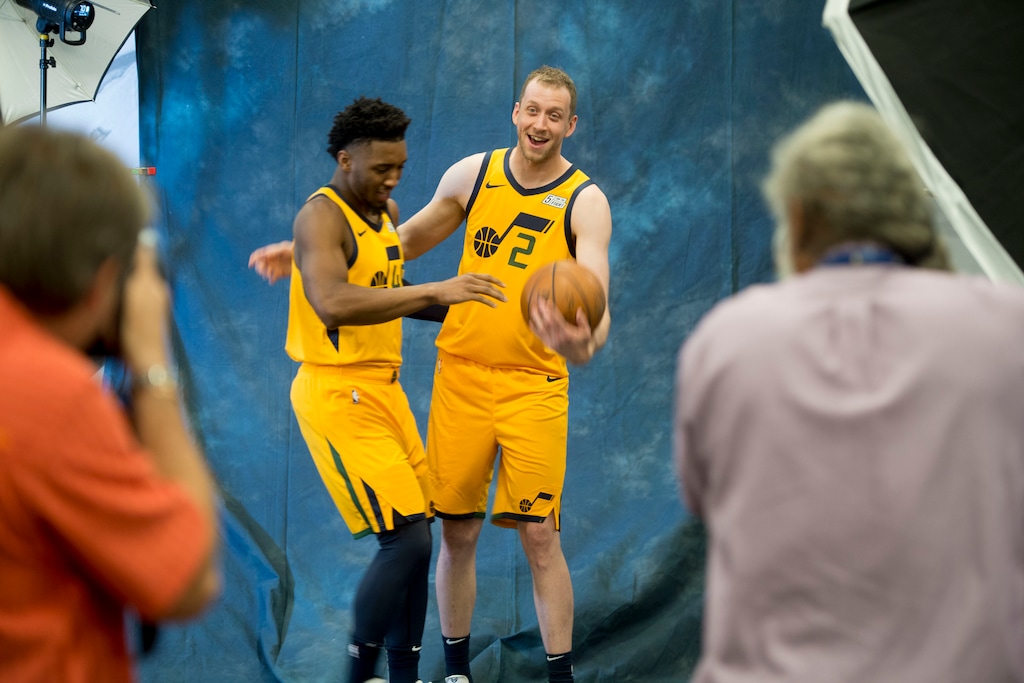 (Jeremy Harmon  |  The Salt Lake Tribune) Donovan Mitchell and Joe Ingles goof around during media day with the Utah Jazz on Monday, September 30, 2019.