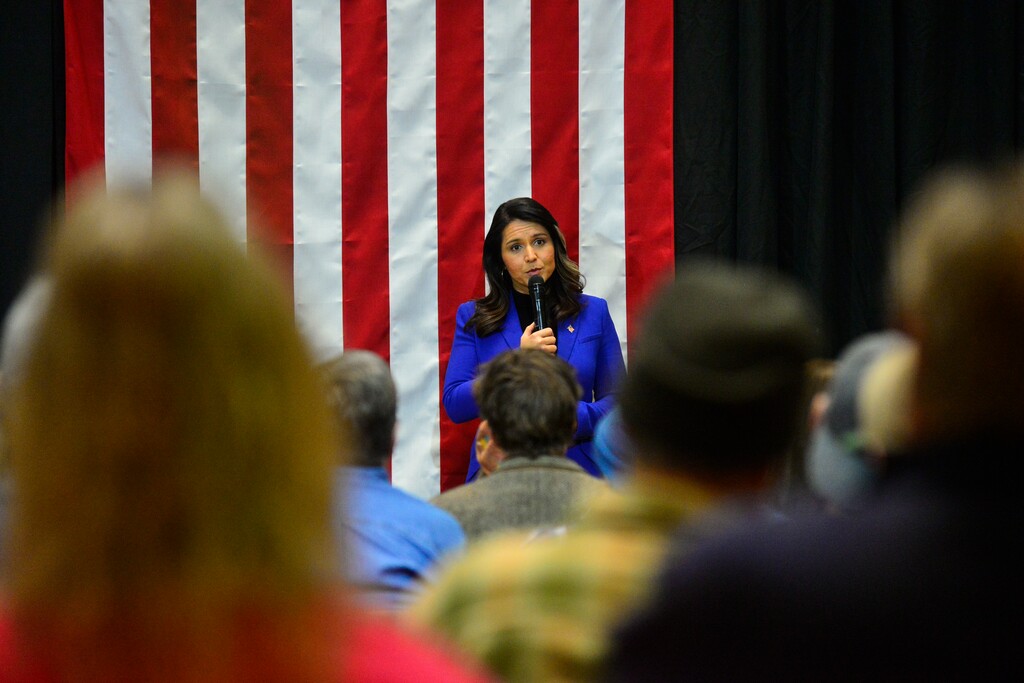 (Kristopher Radder | Brattleboro Reformer via AP) Rep. Tulsi Gabbard, D-Hawaii, holds a town hall at Keene State College, in Keene, N.H., on Wednesday, Feb. 5, 2020.