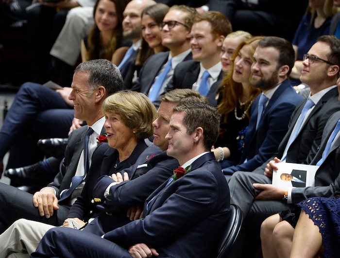 Scott Sommerdorf | The Salt Lake Tribune
The Huntsman family reacts as they listen to a funny story being told by Jon Huntsman Jr. at the funeral services for Jon M. Huntsman, Sr., Saturday, February, 10, 2018. 
