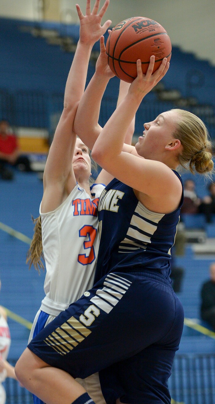 (Leah Hogsten  |  The Salt Lake Tribune) Timpview's Samantha Angel (03) tries to stop Skyline's Barrett Jessop (11).  Timpview faces Skyline in their semifinal game of the 5A High School Girls' Basketball Tournament at SLCC in Taylorsville, Friday, Feb. 23, 2018. 