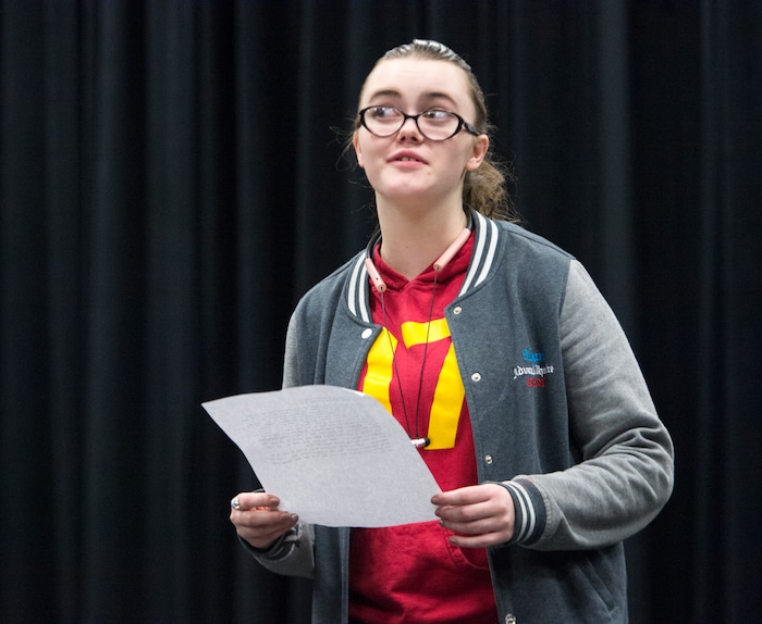 (Rick Egan  |  The Salt Lake Tribune)      Granger High School student Morgan Bard performs during a competition for EduHam, an education program that accompanies the Salt Lake City run of "Hamilton." Granger theater teachers Kirsten Anderson and Brian Fuller said 81 students at the West Valley City school participated in the program, which asks students to study original founding documents and create an original work of art -- rap, song, poem, essay, etc. -- from a big moment. Twelve of the regional winners will be invited to perform before a matinee performance of "Hamilton" on May 4. Utah's program is the first to be funded in a public-private match. Wednesday, April 11, 2018.