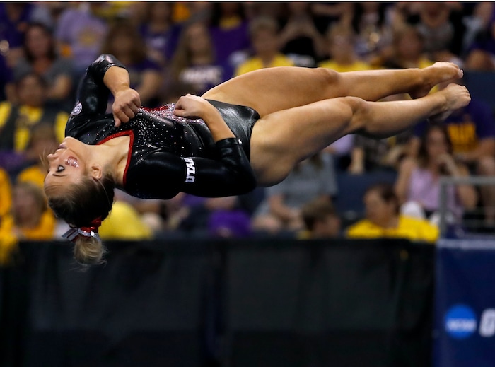 Utah's MyKayla Skinner competes on the floor exercise during the NCAA college women's gymnastics championships, Saturday, April 15, 2017, in St. Louis. (AP Photo/Jeff Roberson)