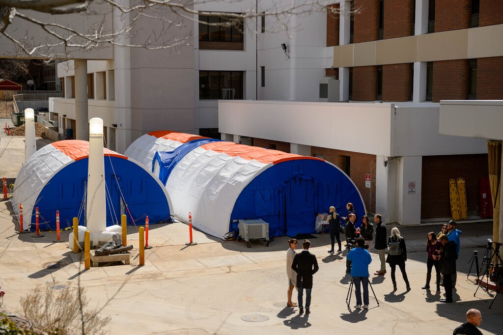 (Trent Nelson  |  Tribune file photo) Negative pressure tents have been set up outside University of Utah Hospital in preparation for COVID-19 cases, in Salt Lake City on Monday, March 9, 2020.