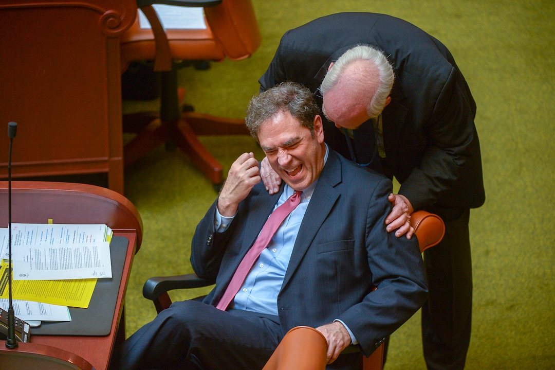 (Leah Hogsten  |  The Salt Lake Tribune)  Rep. Brian King, D-Salt Lake City shares a laugh with Rep. Lynn Hemingway, D- Millcreek prior to the special session. Utah legislators voted to change the Utah Medical Cannabis Act, the bill that officials, Prop 2 opponents and medical marijuana advocates crafted and pitched as a compromise. On Monday, Dec. 2, 2018 during the special session, lawmakers overhauled the medical cannabis distribution system, reduces the number of medical marijuana outlets, prohibits edibles for gelatin cubes instead and changes the list of illnesses that qualify for cannabis treatments.