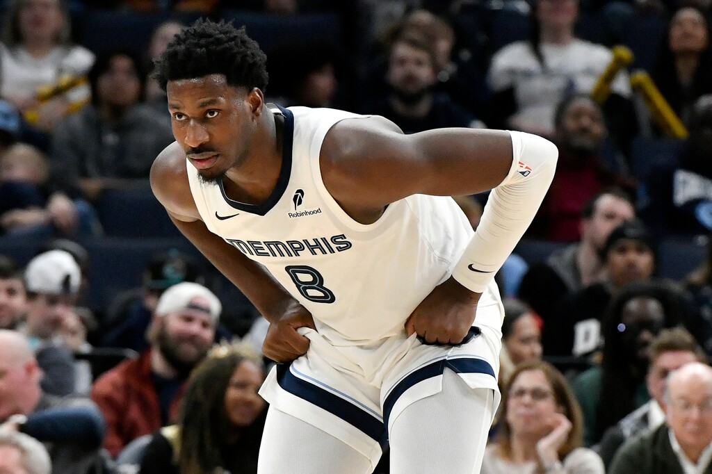 (Brandon Dill | AP) New Utah Jazz forward Jaren Jackson Jr. (8) will be part of an interesting frontcourt alongside Lauri Markkanen and Walker Kessler.