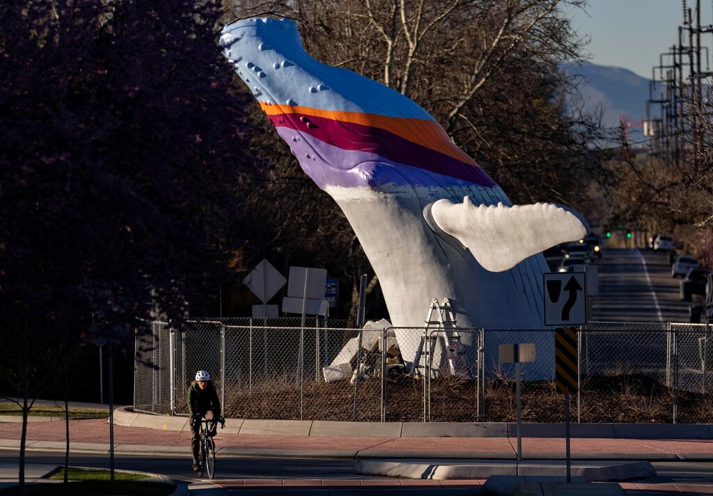 (Francisco Kjolseth | The Salt Lake Tribune) “Out of the Blue" at the roundabout at 900 South 1100 East In Salt Lake City on Wednesday, April 6, 2022.