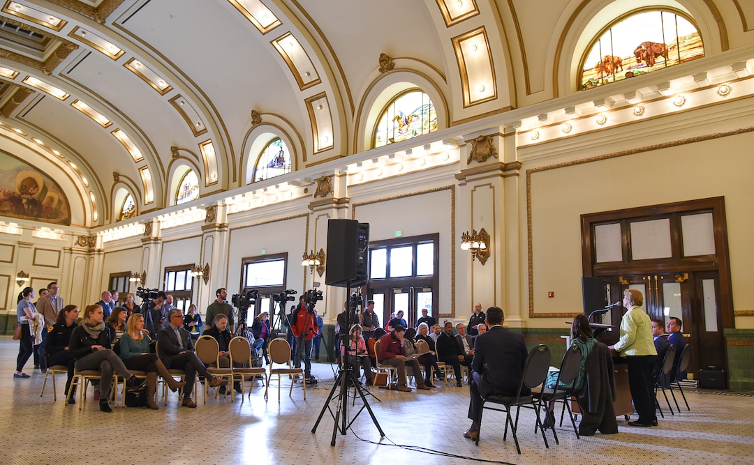 (Francisco Kjolseth  |  The Salt Lake Tribune)  People attend an announcement in the Grand Hall at The Gateway on Tuesday, April 2, 2019, as two new reports claim that The Gateway and the Rio Grande area of downtown Salt Lake City has seen a "dramatic decrease" in crime. Speakers shared details on the efforts and resulting impact the security measures have had on the district.