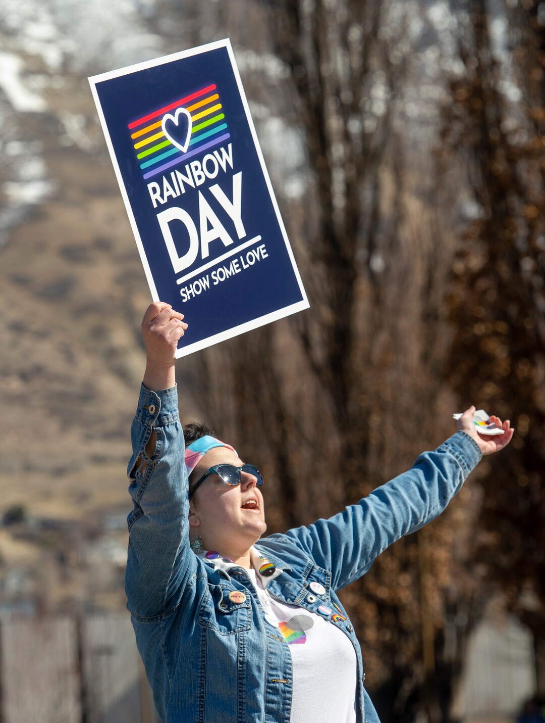 (Rick Egan  |  The Salt Lake Tribune)   Emma Ramirez announces that it is Rainbow Day,  during a Rainbow Day gathering on the BYU Campus, Wednesday, Feb. 26, 2020.