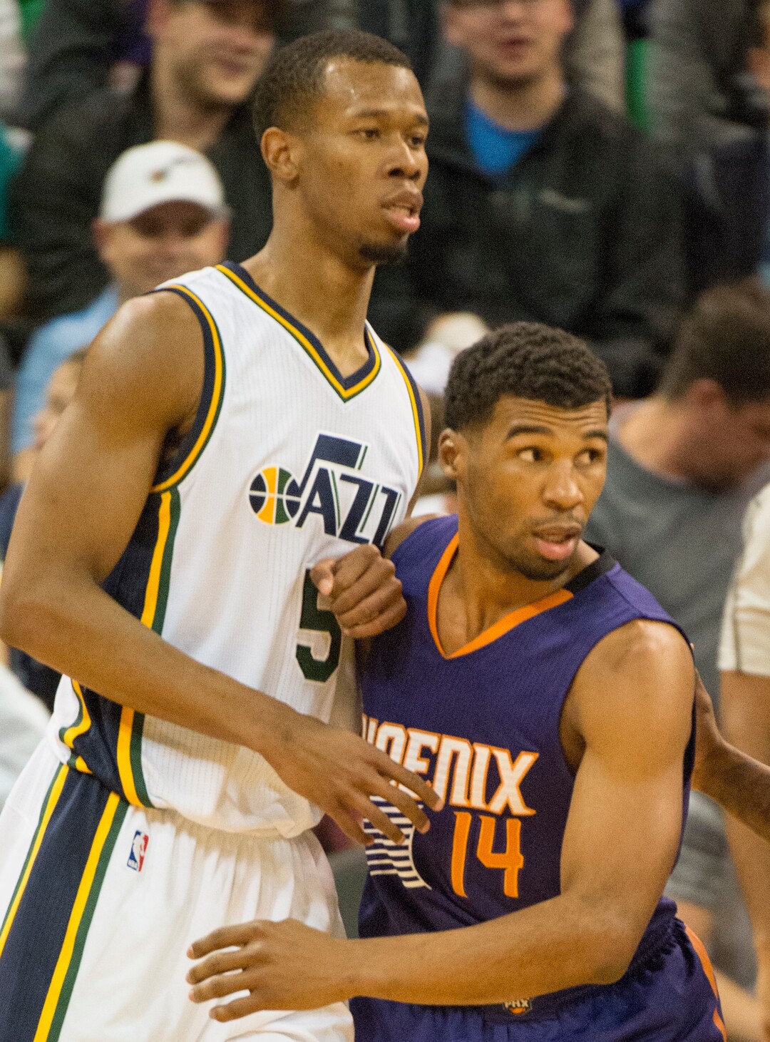 Rick Egan  |  The Salt Lake TribunePhoenix Suns guard Ronnie Price (14) guards Utah Jazz guard Rodney Hood (5), in NBA action Phoenix Suns vs. The Utah Jazz, in Salt Lake City, Monday, December 21, 2015.