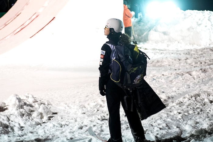 (Chris Detrick  |  The Salt Lake Tribune)  USA's Ashley Caldwell leaves the course after failing to qualify for the finals in the Ladies' Aerial Finals during the FIS Visa Freestyle International Ski World Cup at Deer Valley Resort Friday, January 12, 2018.  Caldwell finished in seventh place. 