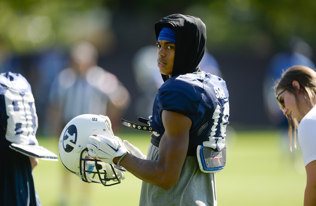 Francisco Kjolseth | The Salt Lake TribuneBYU wide receiver No. 19 Micah Simon hits the practice field with the rest of the team on Tuesday, Aug. 16, 2016.