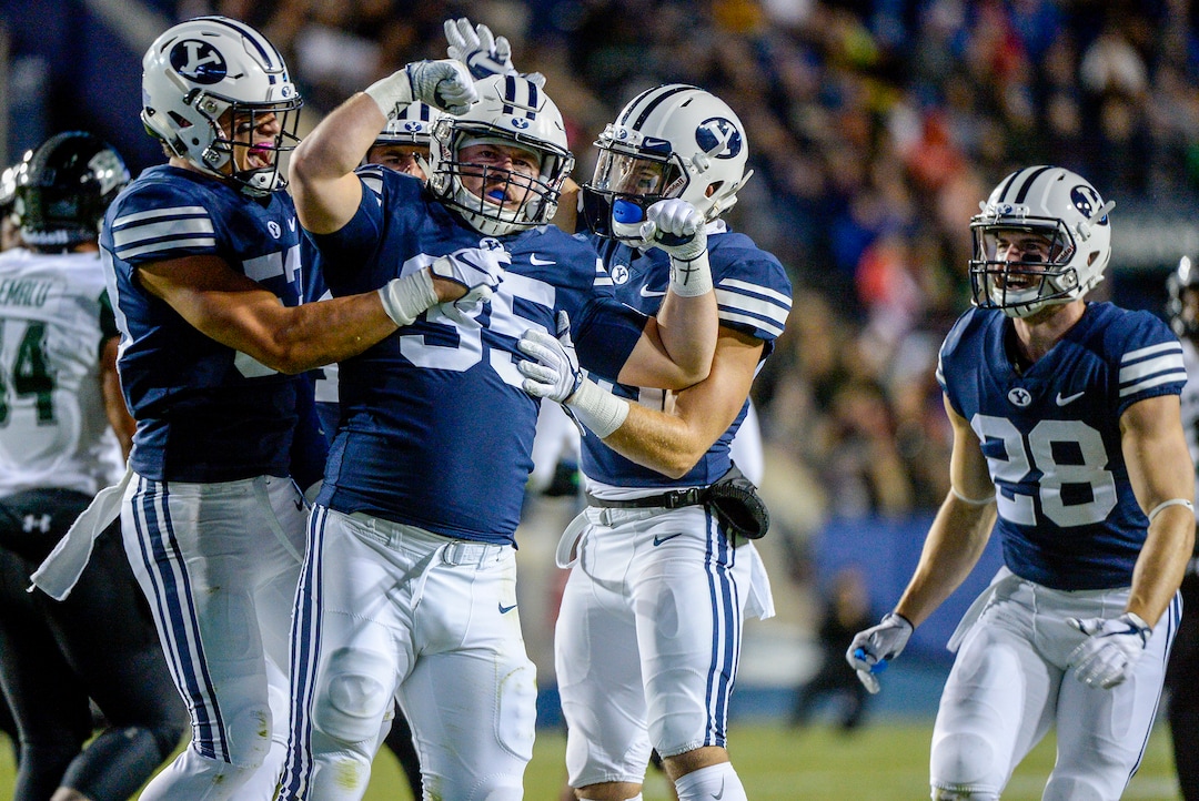 Leah Hogsten  |  The Salt Lake Tribune Brigham Young Cougars running back Brayden El-Bakri (35) celebrates shutting down the Warrior offense as Brigham Young University hosts Hawaii at Lavell Edwards Stadium in Provo, Saturday Oct. 13, 2018. 