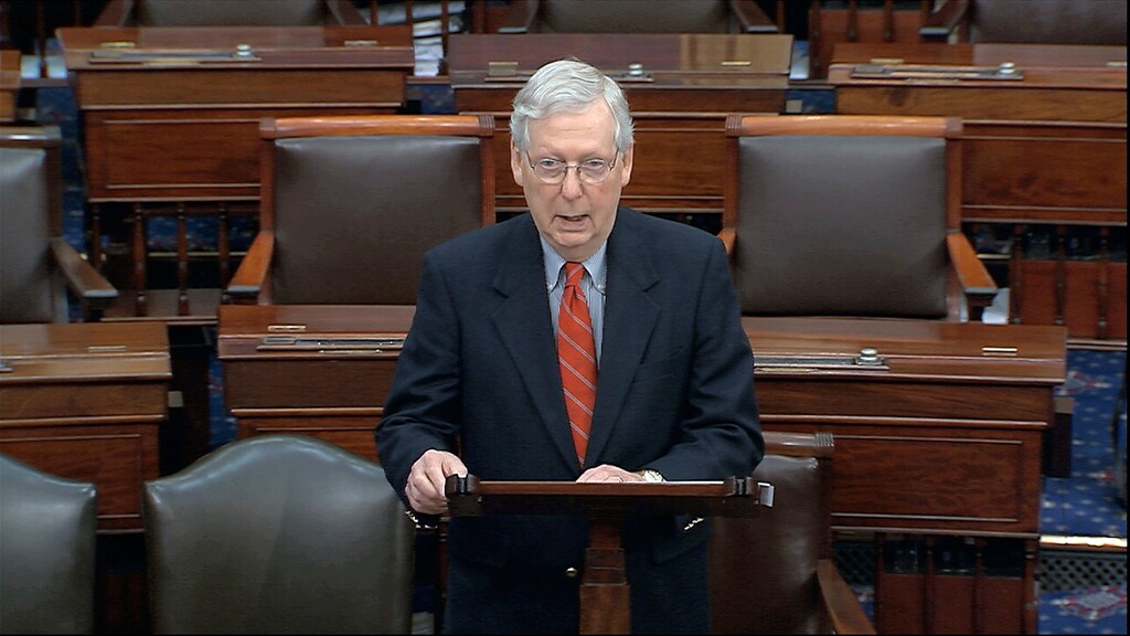 (Senate Television via AP)  Senate Majority Leader Mitch McConnell, R-Ky., speaks on the Senate floor at the U.S. Capitol in Washington, Saturday, March 21, 2020.