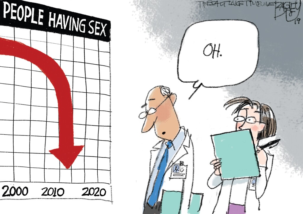 (Pat Bagley | The Salt Lake Tribune)  This Pat Bagley cartoon, titled "Troubling Downturn," appears in The Salt Lake Tribune on Tuesday, April 2, 2019.